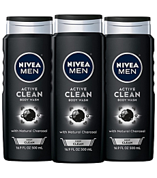 NIVEA MEN DEEP Active Clean Charcoal Body Wash, Cleansing Body Wash with Natural Charcoal, 3 Pack of 16.9 Fl Oz Bottles