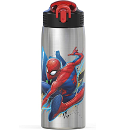 Zak Designs 27oz Marvel 18/8 Single Wall Stainless Steel Water Bottle with Flip-up Straw Spout and Locking Spout Cover, Durable Cup for Sports or Travel (27oz, Spider-Man)
