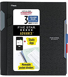 Five Star Advance Spiral Notebook + Study App, 3 Subject, College Ruled Paper, 11" x 8-1/2", 150 Sheets, With Spiral Guard and Movable Dividers, Black, 1 Count (73132)