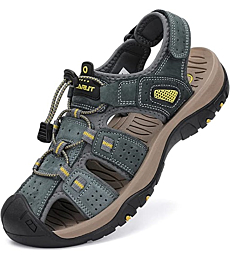 FLARUT Men's Sport Sandals Outdoor Hiking Sandals Closed Toe Leather Athletic Lightweight Trail Walking Casual Sandals Water Shoes (C-Gray,46)