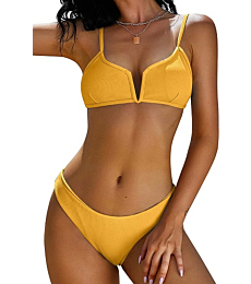ZAFUL Women's V-Wire Padded Ribbed High Cut Cami Bikini Set Two Piece Swimsuit (1-Bee Yellow, S)