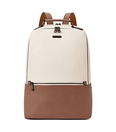 CLUCI Women Leather Laptop Backpack Purse 15.6 inch Computer Backpack Business Casual Travel Daypack College Bag Off-white with brown