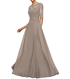 Wedding Guest Dresses for Women Lace Appliques Mother of The Bride Dresses Long Evening Dresses Short Sleeve Taupe