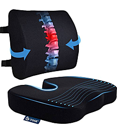 Seat Cushion & Lumbar Support Pillow for Office Chair, Car, Wheelchair Memory Foam Desk Chair Cushion for Sciatica, Lower Back & Tailbone Pain Relief Desk Pad with Adjustable Strap 3D Washable Cover