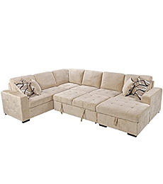 THSUPER 6-Seaters Sectional Sleeper Sofa with Pull Out Bed with Chaise Lounge and Storage, U Shape Couches Set for Living Room - Beige