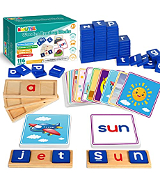Educational Toys for 3 4 5 Years Old Kids - Wooden Short Vowel Reading Letters Spelling Toy with 50 Double-Sided Flash Cards, Preschool Kindergarden Learning Activities Toy for Boys and Girls