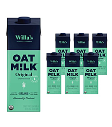 Willa's Unsweetened Organic Oat Milk, 32 oz, 6 pack - Low Sugar (1g), Vegan, Plant Based, Non-GMO, Shelf-Stable, & Made from Whole Grain Oats