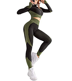 OLCHEE Women's 2 Piece Tracksuit Workout Set - Leggings and Crop Top Green M