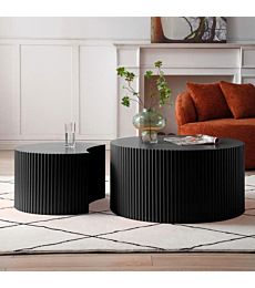 WILLIAMSPACE Nesting Coffee Table Set of 2, Matte Black Round Wooden Coffee Tables, Modern Luxury Side Tables Accent End Table for Living Room Apartment (Black-Round)