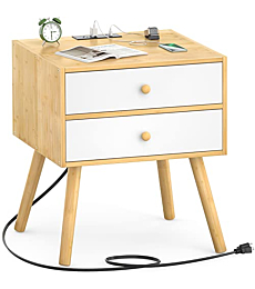 Homykic Bamboo Nightstand with Charging Station, Mid Century Modern Bedside Table with USB Ports and 2 Large Drawers, Real Wood Boho End Table Side Table for Bedroom, 19.7"W x 15.8"D, Natural + White