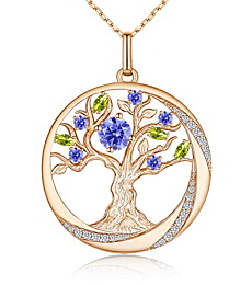 JD & P Tree of Life Sun Moon Necklace Gifts for Women Girls, 925 Sterling Silver Rose Gold Tone December Zirconia Birthstone Pendant Necklace Jewelry for Mom Grandma, 20+2 inch Chain