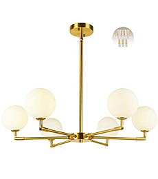 BAODEN 6-Lights Globe Mid Century Chandelier Modern Sputnik Pendant Light Fixture with G9 Bulb Brushed Brass Finished with White Globe Glass Lampshade Dining Kitchen Island Bedroom Lighting (Gold)