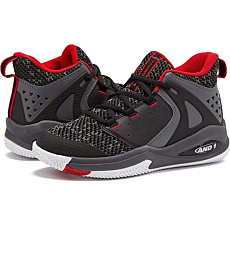 AND1 Takeoff 3.0 Boys Basketball Shoes, Mid Top Cool Court Sneakers for Kids - Black/Dark Grey/Red, 7 Big Kid