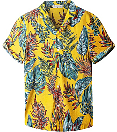 Derminpro Men's Summer Floral Hawaiian Shirts Short Sleeve Stretch Button Down Beach Shirt Leaf-Yellow Large