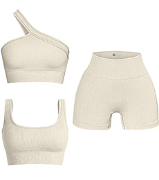 OQQ Women's 3 Piece Outfits Ribbed Seamless Exercise Scoop Neck Sports Bra One Shoulder Tops High Waist Shorts Active Set Beige