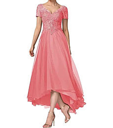 Short Sleeves Mother of The Bride Dresses for Women Lace Appliques V Neck High-Low Formal Wedding Party Prom Dress Coral