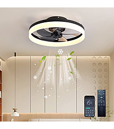 SOXOCE Ceiling Fan with Lights, 3 Color Dimmable Reversible 6 Wind speeds Timing, LED Remote Control Enclosed Invisible Blades Semi Flush Mount Low Profile Fan, 19.7'', Black