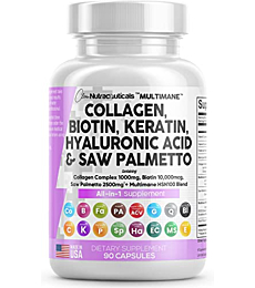Collagen Pills 1000mg Biotin 10000mcg Keratin Saw Palmetto 2500mg Hyaluronic Acid - Hair Skin and Nails Vitamins and DHT Blocker with Vitamin E Folic Acid Pumpkin Seed MSM Made in USA - 90 Count