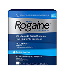 Rogaine Men's Extra Strength 5% Minoxidil Topical Solution for Hair Loss and Regrowth, Treatment for Thinning Hair, 3 Month Supply, Unscented, 2 Fl Oz, Pack of 3