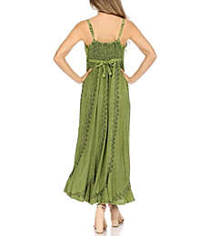 Sakkas 152105 - Allie Stonewashed Embroidered Adjustable Spaghetti Straps Long Dress - Green - L/XL