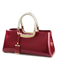 Glossy Faux Patent Leather Structured Shoulder Handbag Women Evening Party Satchel (Red)