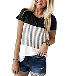 YunJey short sleeve round neck triple color block stripe T-shirt casual blouse,Black,X-Large