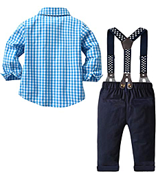 Baby Boy's 2 Pieces Tuxedo Outfit, Long Sleeves Plaids Button Down Dress Shirt with Bow Tie + Suspender Pants Set for Infant Newborn Toddlers, Blue, Tag 90 = 18-24 Months