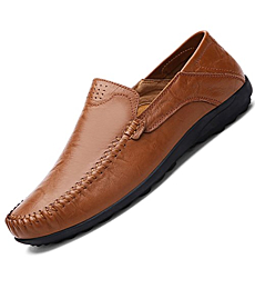 Go Tour Men's Premium Genuine Leather Casual Slip On Loafers Breathable Driving Shoes Fashion Slipper Brown 10/45