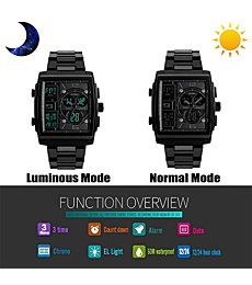TONSHEN Sport Watch for Men Waterproof Multifunction Electronic LED Digital Watch Outdoor Military Three Time Zone Quartz Analog Black Plastic Watch Square Case Countdown Stopwatch 50M Water Resistant