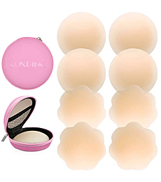 QUXIANG 4 Pairs Pasties Women Nipple Covers Reusable Adhesive Silicone Nippleless Covers Bra for Dress Cream (2 Round+2 Flower)