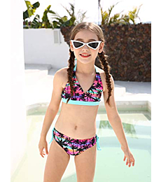 LEINASEN Hawaii Style Coconut Tree Printed Halter Strap Two Piece Bikini Set for Girls