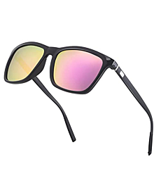 Square Aluminum Magnesium Frame Polarized Sunglasses Vintage Spring Temple Sun Glasses Men Women Retro Driving Eyewear UV400 (Pink Lens/Black Frame)