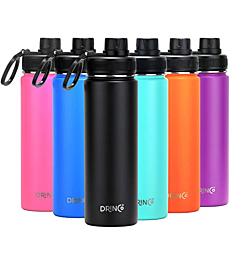 Drinco Stainless Steel Water Bottle Spout Lid Vacuum Insulated Double Wall Water Bottle Wide Mouth (40oz 32oz 22oz 18oz 14oz) Leak Proof Keep Cold Sport Camping Hiking (22 oz, 22oz Black)