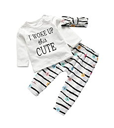 3Pcs Baby Girl Outfits Set I Woke Up This Cute Long Sleeve T-Shirt Tops Flowers Pants with Headband (0-6 Months)