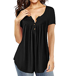 AMCLOS Womens Tops Floral V Neck T-Shirts Swing Blouses Button up Tunic Casual Flowy Summer Soft Short Sleeve(XL, Black)