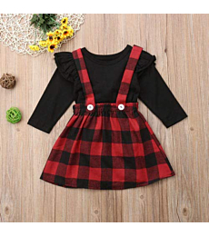 Toddler Baby Girl Infant Plain T Shirts Plaid Overall Skirt Set Cotton Outfits (Black+Red, 12-24 Months)