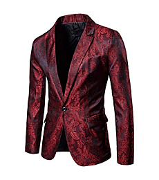 Mens 2 Piece Paisley Dress Suit One Button Party Wedding Blazer Pants Sets Burgundy