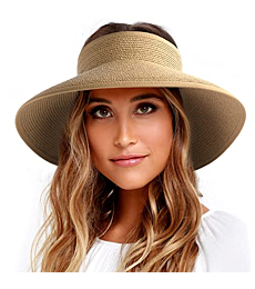Woman on beach wearing wide brim straw visor hat (UPF 50+)
