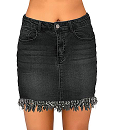 luvamia Women's Casual Mid Waisted Washed Raw Hem Pockets Denim Jean Short Skirt Black Size Small