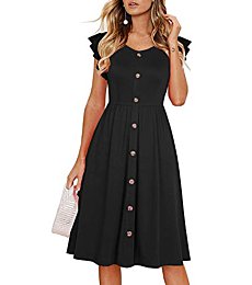 Lamilus Women's Casual Summer Ruffle Sleeve V-Neck Button Down A-Line Swing Party Dress (XL, 026-Navy Blue)