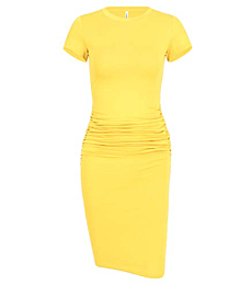 Laughido Women's Ruched Casual Plain Sundress Short Sleeve Knee Length Sheath Bodycon T Shirt Dress Yellow
