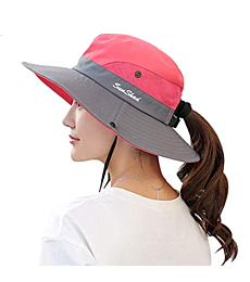 KPWIN Women's Ponytail Bucket Hat Outdoor UV Protection Foldable Mesh Wide Brim Beach Fishing Hat (Watermelon Red)