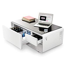 sobro Coffee Table with Built in Fridge, Speakers, Outlets, LED Light, and More - White