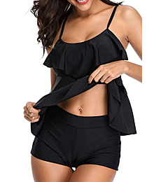Holipick Women Black Tankini Swimsuits Two Piece Tummy Control Bathing Suits Ruffle Swim Tank Top with Boy Shorts Swimwear XS