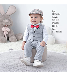 HOSUKKO Baby Boy Suit, One-Piece Romper & Vest & Beret & Bow Tie,Infant Boys Gentleman Outfits Sets for Formal Occassion (Long Sleeve, 0-24 Months),Grey,3-6M