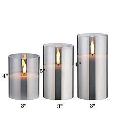 Eywamage Glass Flameless Candles with Remote Battery Operated Flickering LED Pillar Candles Real Wax Wick 3 Pack D 3" H 4" 5" 6" Grey
