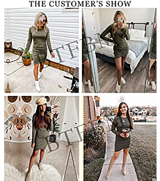 BTFBM Women Fashion Ruched Elegant Bodycon Long Sleeve Wrap Front Solid Color Casual Basic Fitted Short Dress (Army Green, Small)