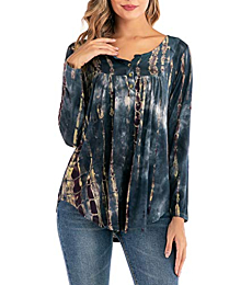 AMCLOS Womens Tops V Neck T-Shirts Ruffle Button up Tunic Casual Flowy Loose Long Sleeve(Tie-Dye-Green,S)