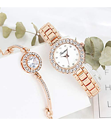 Clastyle Women Rhinestones Rose Gold Watch and Bracelet Set Elegant Stainless Steel Strap Mother of Pearl Dial Wrist Watches Gift for Her