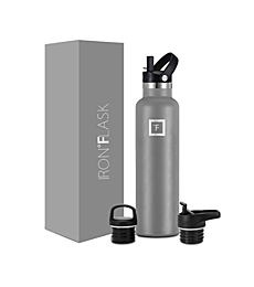 IRON °FLASK Sports Water Bottle - 24 Oz, 3 Lids (Straw Lid), Leak Proof, Vacuum Insulated Stainless Steel, Hot Cold, Double Walled, Thermo Mug, Standard Metal Canteen